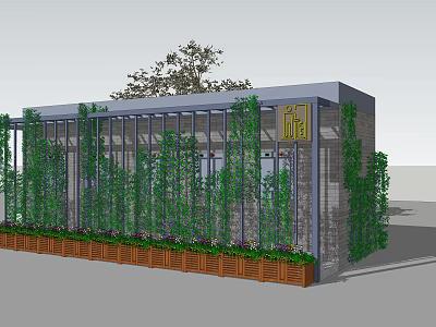 Green Vines Covered Metal Frame Structure With Wooden Planters And Logo Sign 3d model