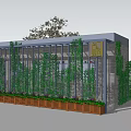 Green Vines Covered Metal Frame Structure With Wooden Planters And Logo Sign