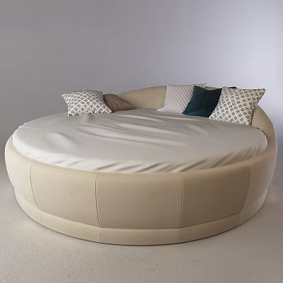 Modern Beige Round Bed Design With Soft Upholstery And Decorative Pillows 3d model