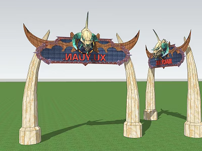 Decorative Arches Featuring Curved Wooden Edges Mythical Sculptures Blue Signage And Supportive Pillars 3d model