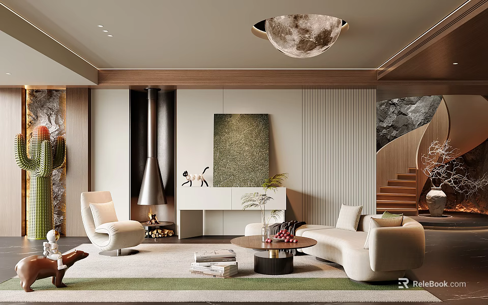 Elegant Modern Living Room Interior With Beige Sofa Armchair Coffee Table Fireplace And Decorative Painting 3d model 