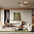 Elegant Modern Living Room Interior With Beige Sofa Armchair Coffee Table Fireplace And Decorative Painting