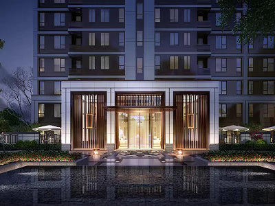 Modern High Rise Apartment Entrance Gate With Evening Lighting And Water Pool 3d model