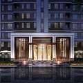 Modern High Rise Apartment Entrance Gate With Evening Lighting And Water Pool