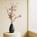 Black Vase With Red Flower Branches On White Table By Window With Blinds 3d model