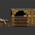 Cartoon Wooden Cabin Scene With Blue Roof And Stacked Wooden Logs