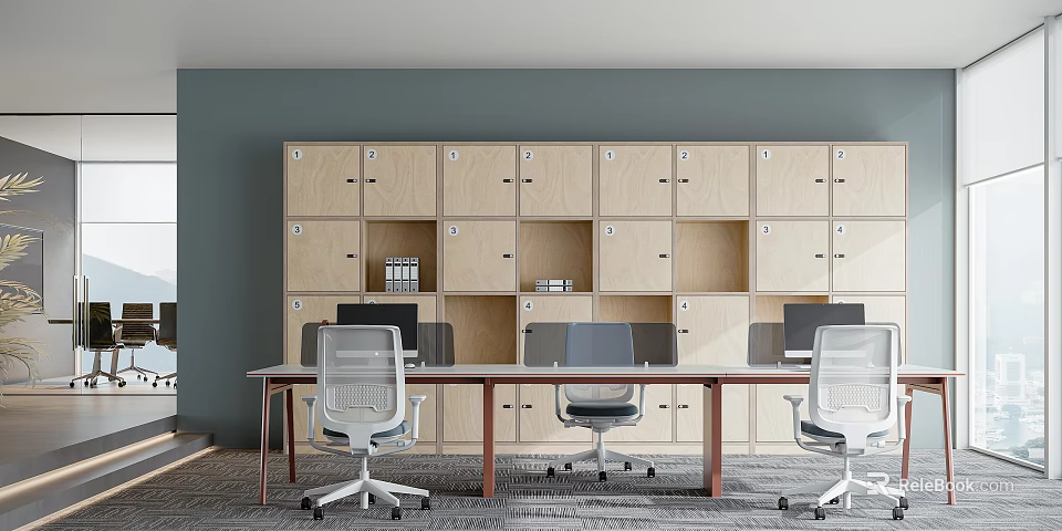 Modern Public Office Space With Long Work Desks Ergonomic Chairs And Wooden Lockers 3d model 
