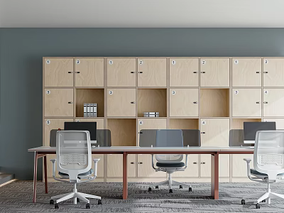 Modern Public Office Space With Long Work Desks Ergonomic Chairs And Wooden Lockers 3d model