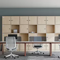 Modern Public Office Space With Long Work Desks Ergonomic Chairs And Wooden Lockers