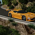 Yellow Sports Car Parked On Winding Mountain Road With Green Vegetation And Rocky Surroundings