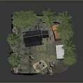 Cartoon Forest Scene With Log Cabin Tall Pine Trees Rocky Ground And Green Mat