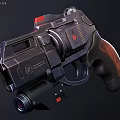 Tactical Revolver With Black Metal Frame Red Button And Wooden Grip