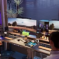 Entertainment Room Interior Featuring Dual Monitors People Gaming Gear Plants And Blinds