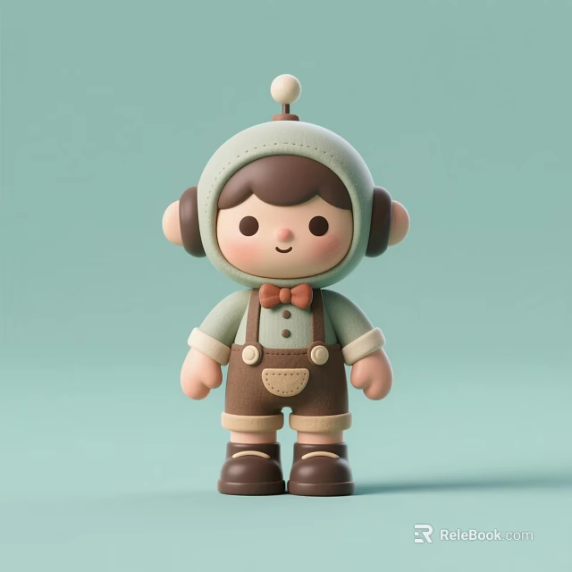 Adorable Doll With Light Green Hat Pom Pom Brown Overalls Bow Tie And Big Ears 3d model 
