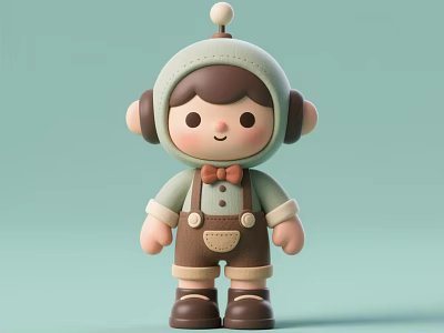 Adorable Doll With Light Green Hat Pom Pom Brown Overalls Bow Tie And Big Ears 3d model