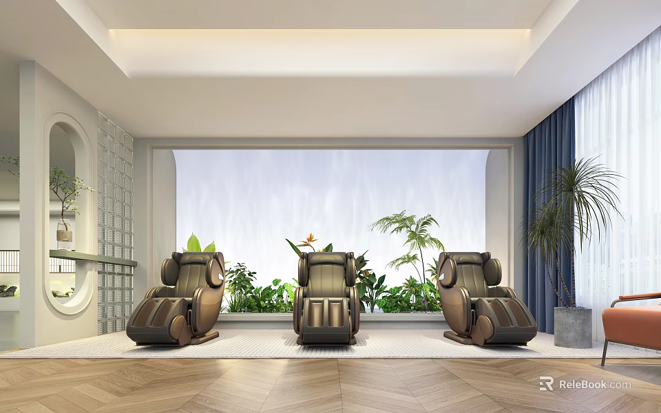 Cozy Leisure Area Featuring Three Brown Massage Chairs Green Plants And Wooden Floor 3d model 