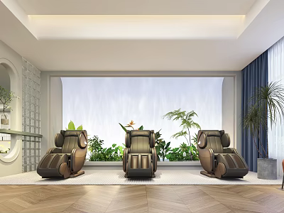 Cozy Leisure Area Featuring Three Brown Massage Chairs Green Plants And Wooden Floor 3d model
