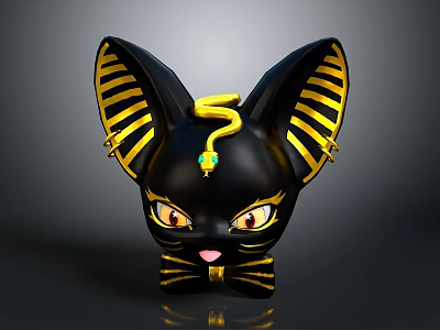 Black Cat Character With Yellow Striped Ears and Coiled Snake On Head 3d model