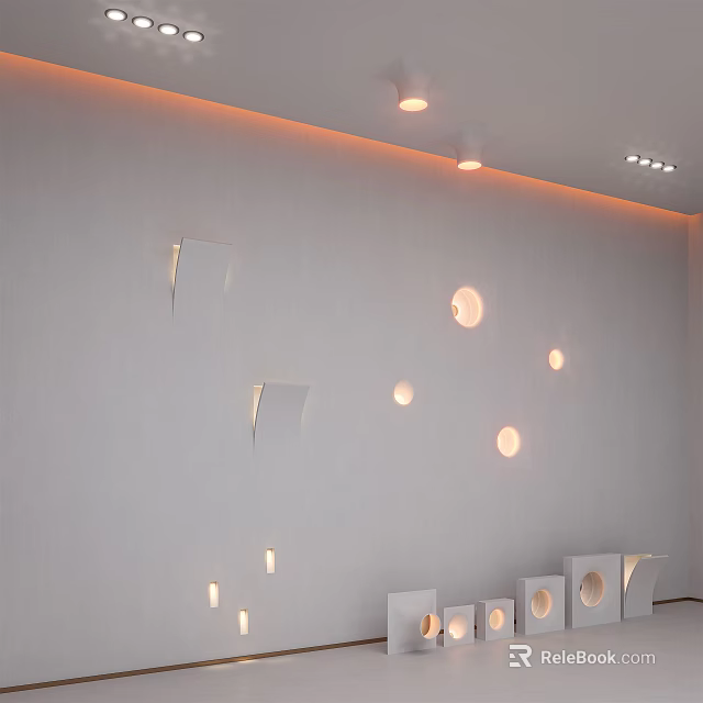 White Wall Interior With Multiple Circular And Square Downlights And Spotlights And Ceiling Lighting 3d model 