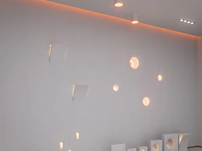 White Wall Interior With Multiple Circular And Square Downlights And Spotlights And Ceiling Lighting 3d model