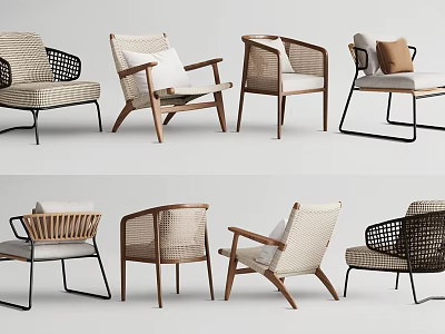 Various Stylish Outdoor Chairs with Wicker Wooden Frames and Comfortable Cushions 3d model