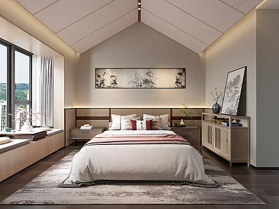 Chinese Style Bedroom Interior Design With Bed Decorative Painting Window Rug And Wooden Nightstand 3d model