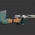Futuristic Weapon With White Teal Design Held By Hand In Green Sleeve