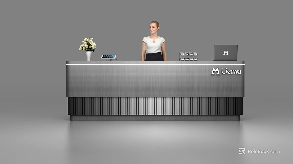 Modern Silver Reception Desk With Floral Vase Electronic Device Phone Leumi Logo And Receptionist 3d model 