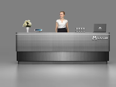 Modern Silver Reception Desk With Floral Vase Electronic Device Phone Leumi Logo And Receptionist 3d model
