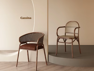 Cassina Rattan Dining Chairs With Brown Leather Seats Wooden Frames Beige Wall And Wooden Floor 3d model