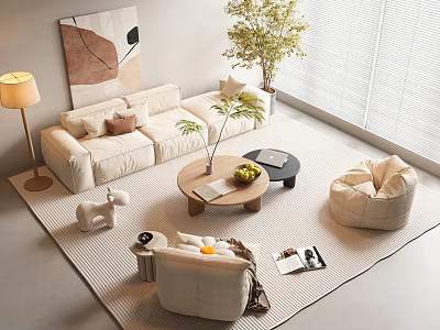 Modern Cozy Sofa and Coffee Table Set With Area Rug Floor Lamp and Potted Plant 3d model