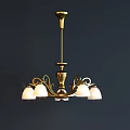 Modern Golden Metal Chandelier With Five White Lampshades And Glowing Lights