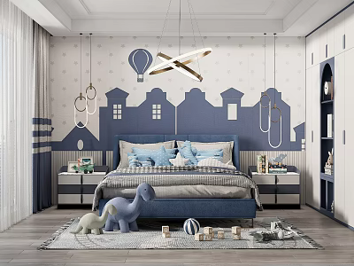 Cozy Kids Room Interior With Blue Walls House Pattern Hot Air Balloon And Dinosaur Toys 3d model