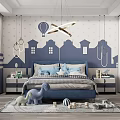 Cozy Kids Room Interior With Blue Walls House Pattern Hot Air Balloon And Dinosaur Toys