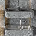 Stainless Steel Kitchen Sinks Mounted on Gray Marble Walls with Modern Faucets