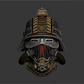 Futuristic Combat Helmet Design With Metal Frame Gold Accents And Breathing Tubes