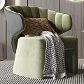 Green Accent Chair with Pillow Blanket and Ottoman by Wooden Wall Round Mirror
