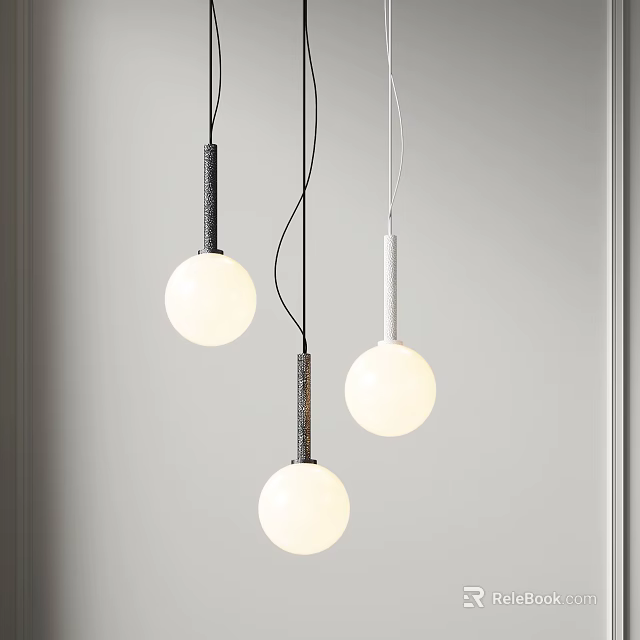 Three Modern Pendant Lights with Round Globe Shades and Metal Rods in Minimalist Interior 3d model 