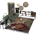 Casual Sofa Set With Green Upholstery Wooden Coffee Table Patterned Rug Lantern Lights And Plants