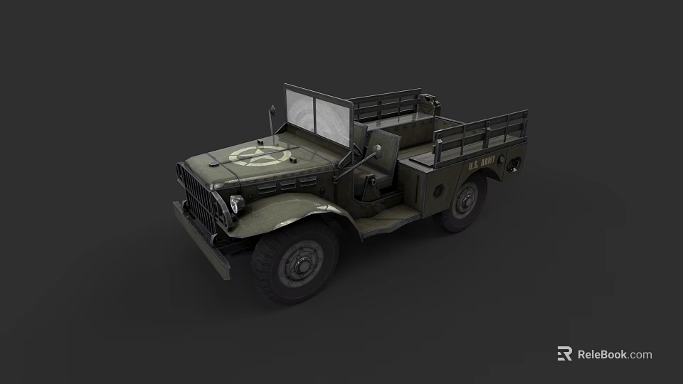 Vintage Olive Green Military Truck With Open Cargo Bed And Front Emblem 3d model 