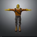 3D Character Model With Yellow Helmet Brown Jacket Gray Pants And Outstretched Arms