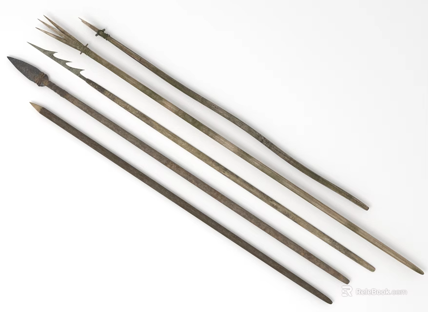 Ancient Historical Spears Featuring Metal Spearheads And Wooden Shafts For Hunting 3d model 