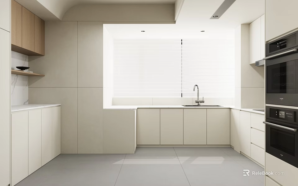 Modern Minimalist Kitchen Interior With White Cabinets Window Countertop And Sink 3d model