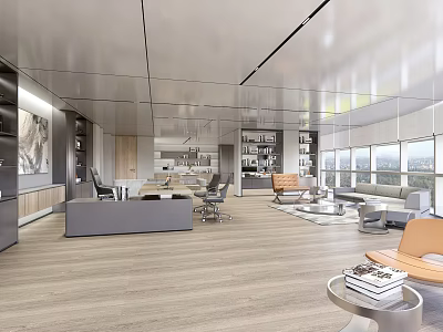 Modern Office Interior With Wooden Flooring Desk Chairs Sofa Bookshelves And Large Windows 3d model