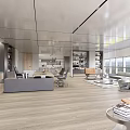 Modern Office Interior With Wooden Flooring Desk Chairs Sofa Bookshelves And Large Windows