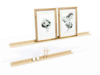 Botanical Plant Paintings in Wooden Frames on Shelf with Small Figurines and Vases 3d model