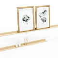 Botanical Plant Paintings in Wooden Frames on Shelf with Small Figurines and Vases