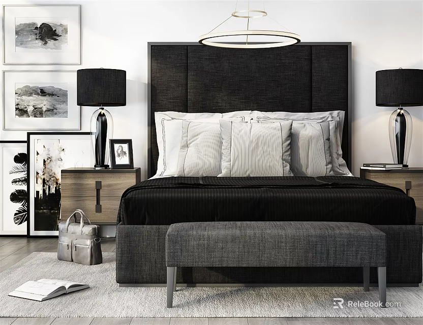 Modern Double Bed with Black Headboard White Gray Pillows and Gray Bench at Foot 3d model 