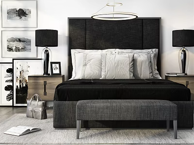 Modern Double Bed with Black Headboard White Gray Pillows and Gray Bench at Foot 3d model