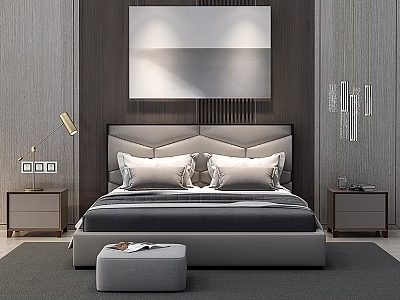 Modern Double Bed Interior With Geometric Headboard Gray Bedding Nightstands Table Lamp And Pendant Lights 3d model